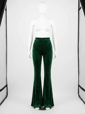 Pantalon velours évasé strass taille haute élégant femme - Vue 1 - Pantalon velours